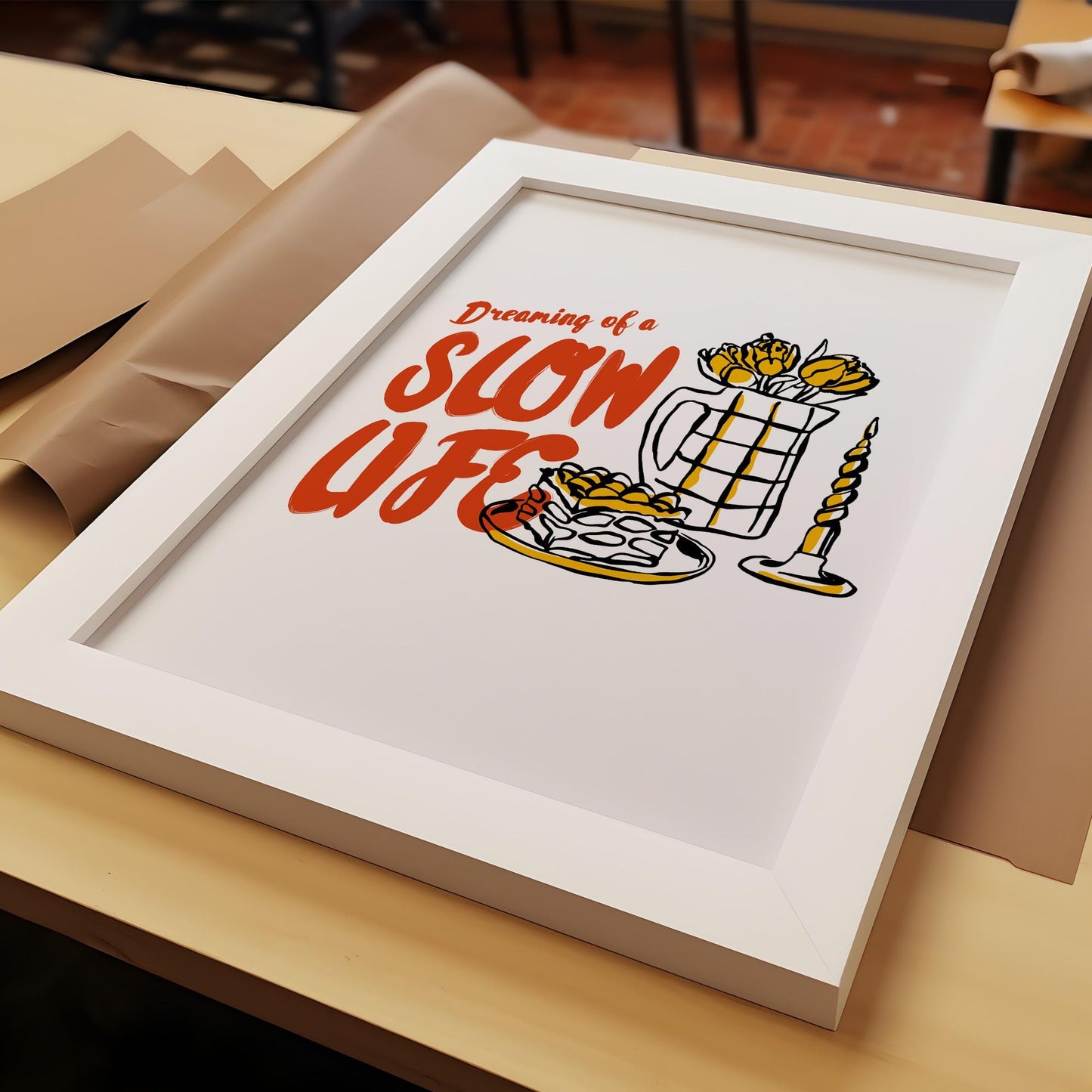 Cozy kitchen decor poster with flowers candle and slow life quote in warm tones