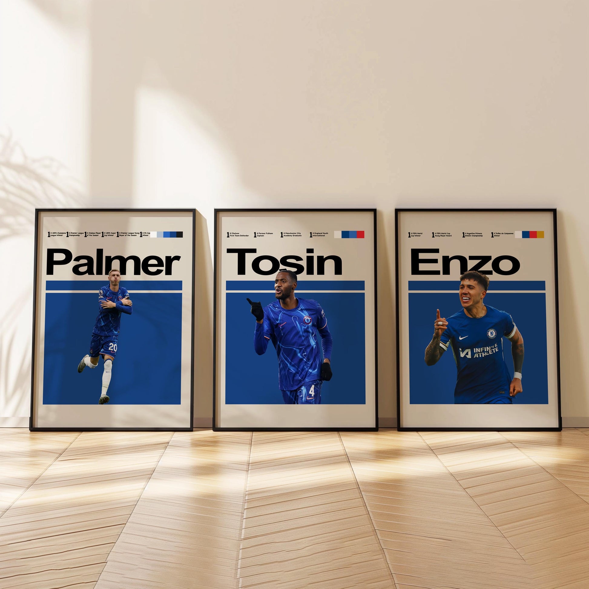 Set of 3 Chelsea Player Posters – Palmer, Enzo, James, Jackson, Sánchez, Tosin – Football Wall Art Gift for Boys & Teens
