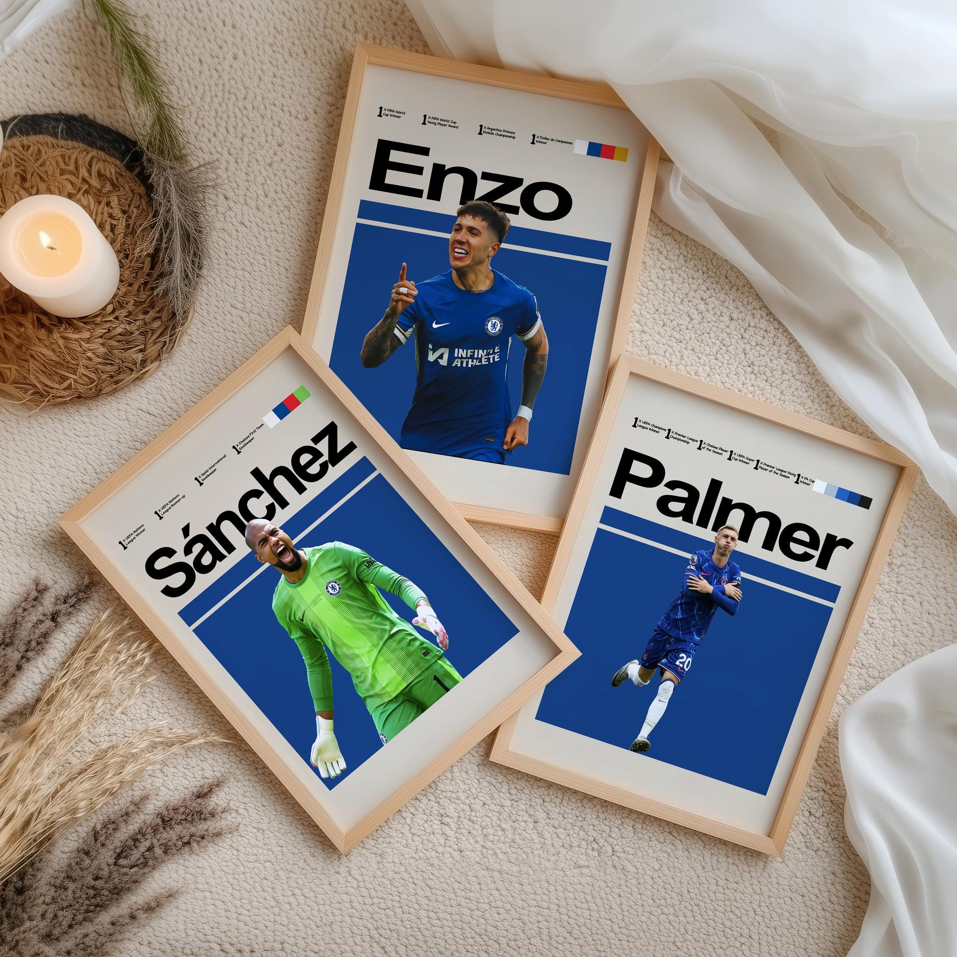 Set of 3 Chelsea Player Posters – Palmer, Enzo, James, Jackson, Sánchez, Tosin – Football Wall Art Gift for Boys & Teens