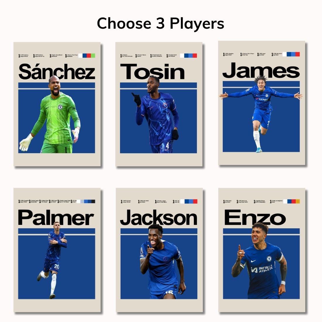Set of 3 Chelsea Player Posters – Palmer, Enzo, James, Jackson, Sánchez, Tosin – Football Wall Art Gift for Boys & Teens