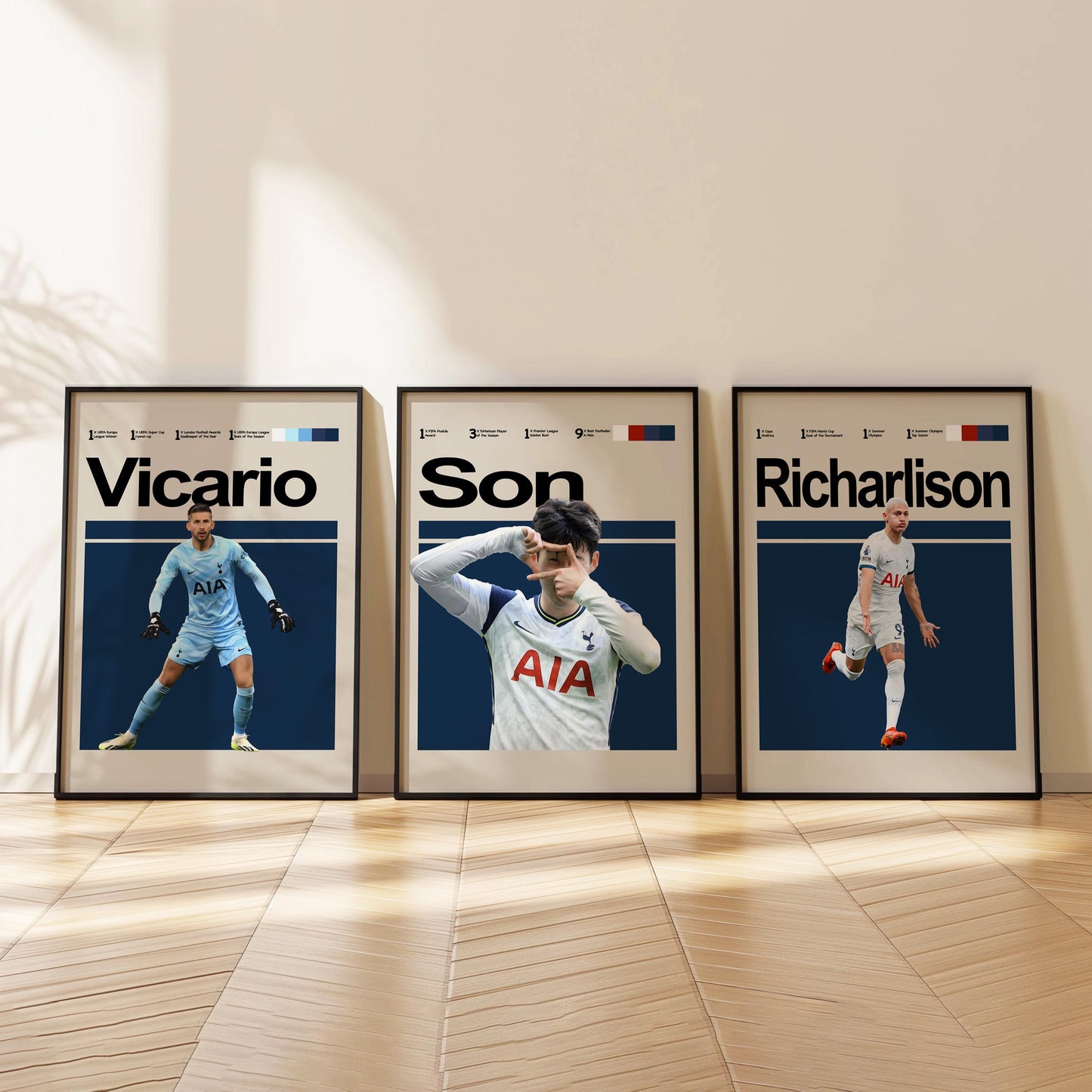 Set of 3 Tottenham Player Posters – Son, Maddison, Romero, Richarlison, Kulusevski, Vicario, Kane – Football Wall Art Gift