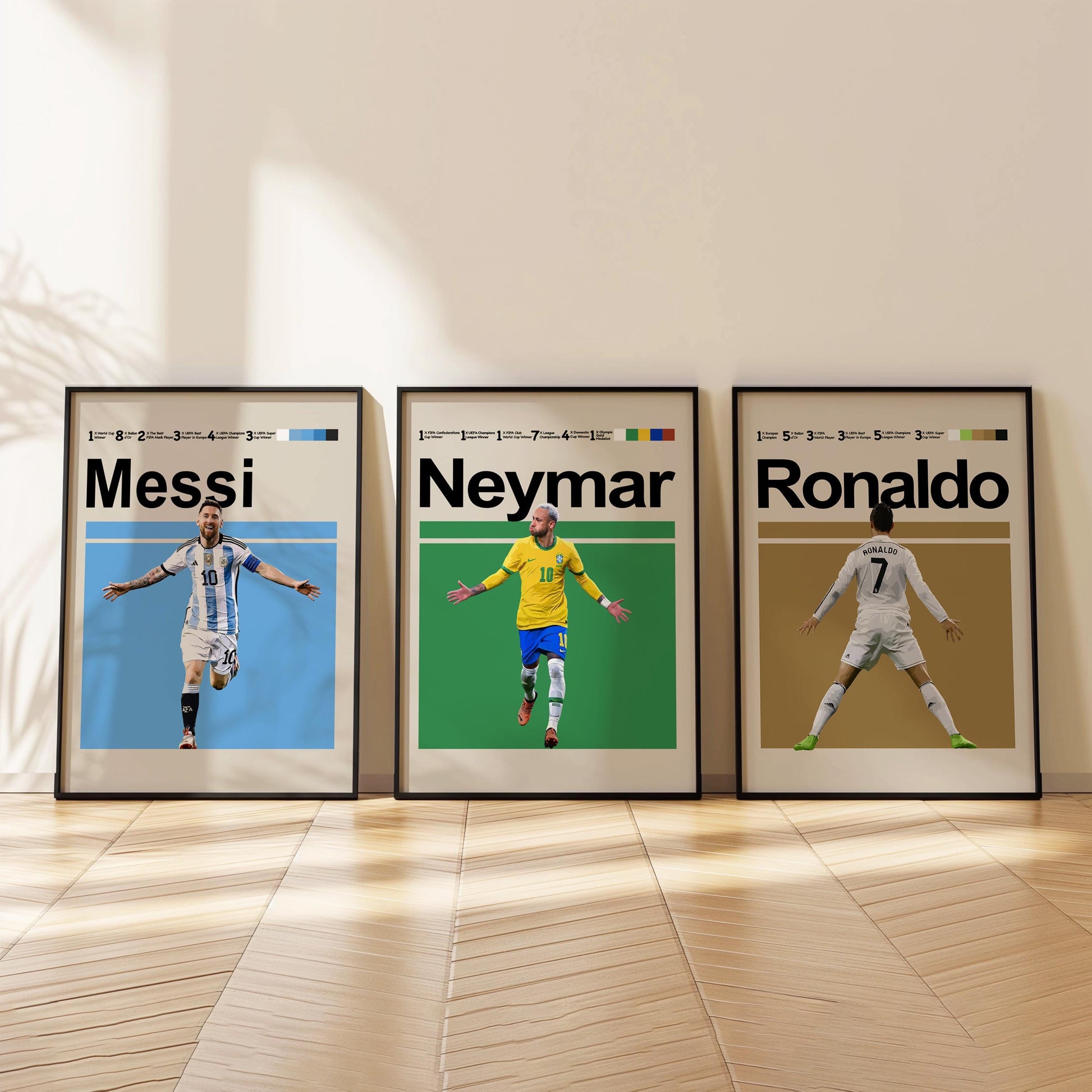 Set of 3 Football Legends Posters – Messi, Ronaldo, Neymar, Mbappé, Kane, Beckham, Rooney – Football Wall Art Gift