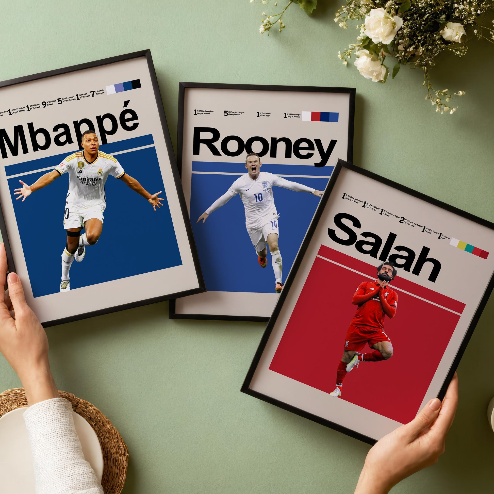 Set of 3 Football Legends Posters – Messi, Ronaldo, Neymar, Mbappé, Kane, Beckham, Rooney – Football Wall Art Gift