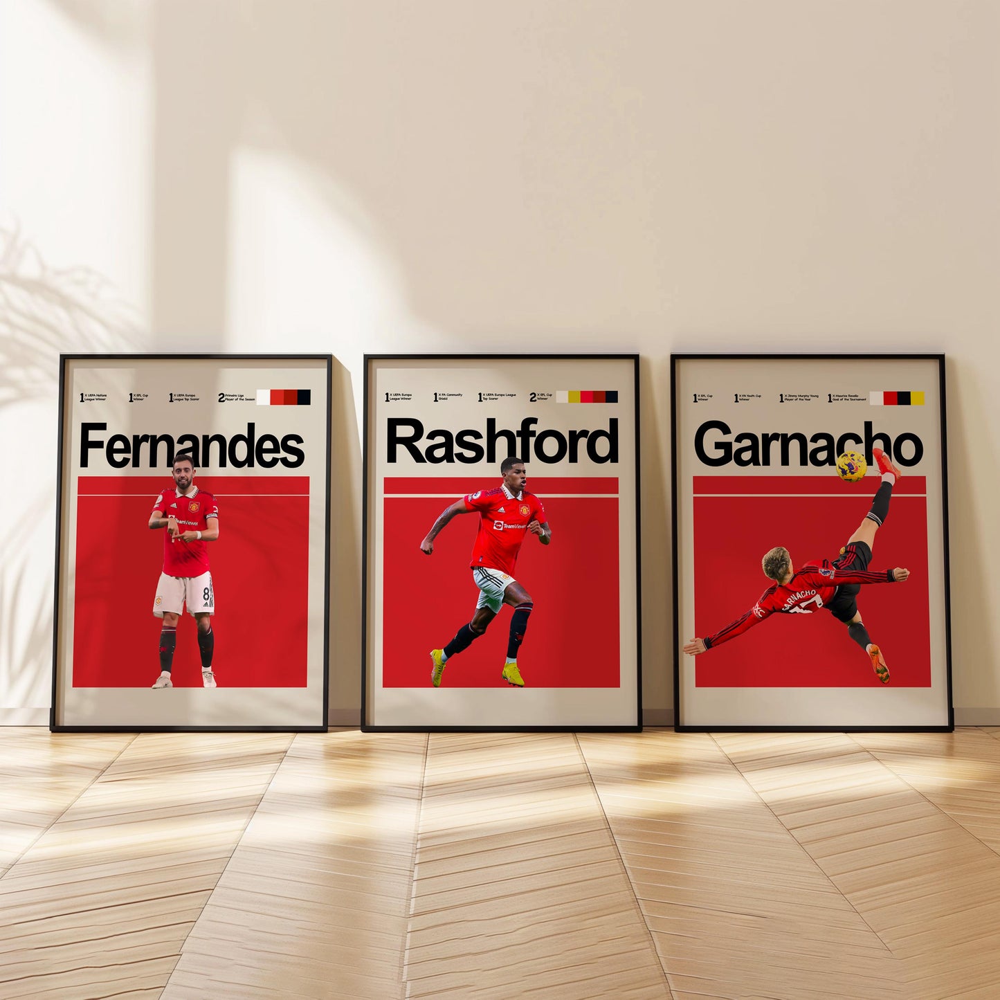 Set of 3 Manchester Football Player Posters – Rashford, Højlund, Garnacho, Fernandes, Casemiro, Onana – Football Wall Art Gift