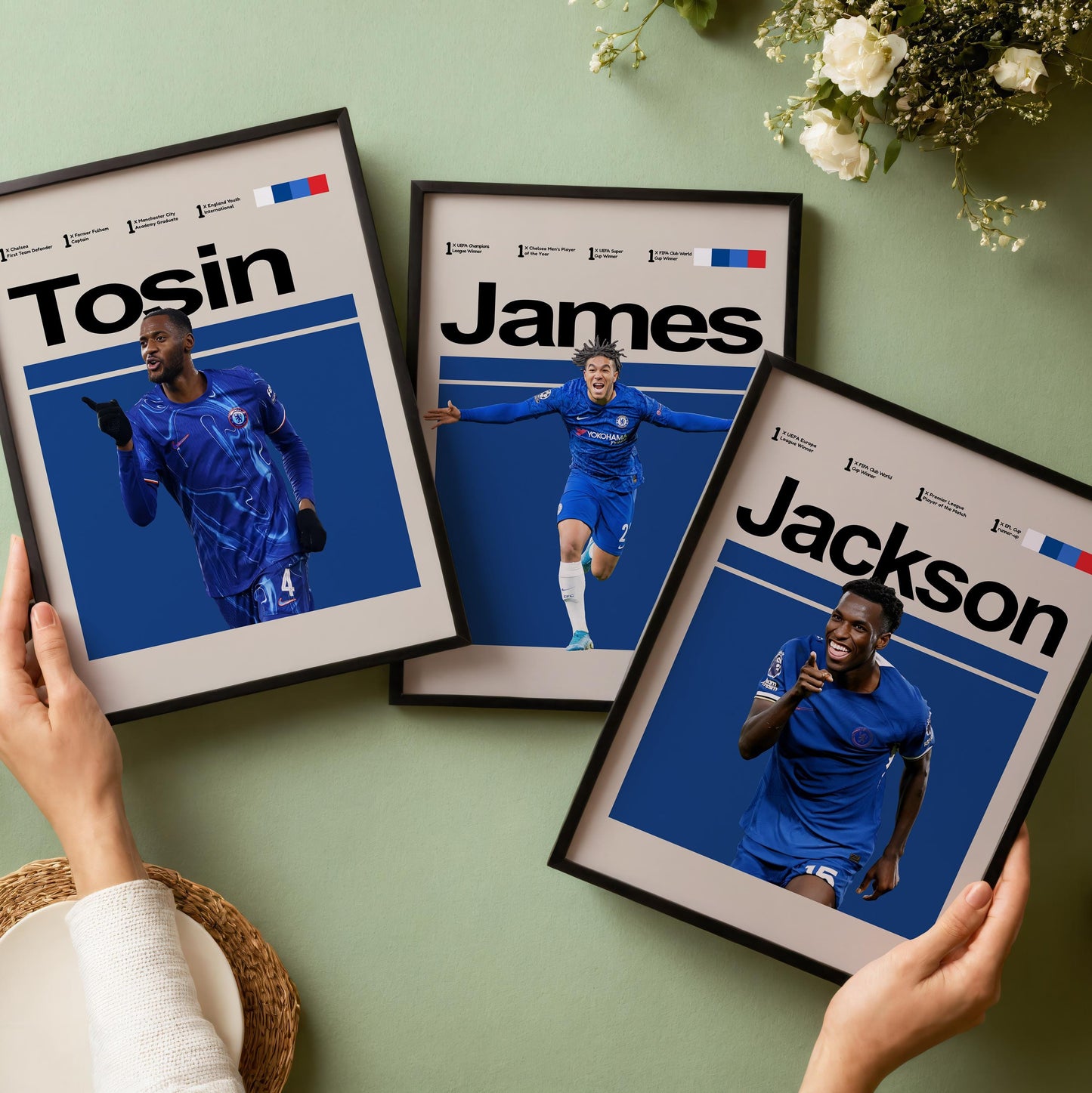 Set of 3 Chelsea Player Posters – Palmer, Enzo, James, Jackson, Sánchez, Tosin – Football Wall Art Gift for Boys & Teens