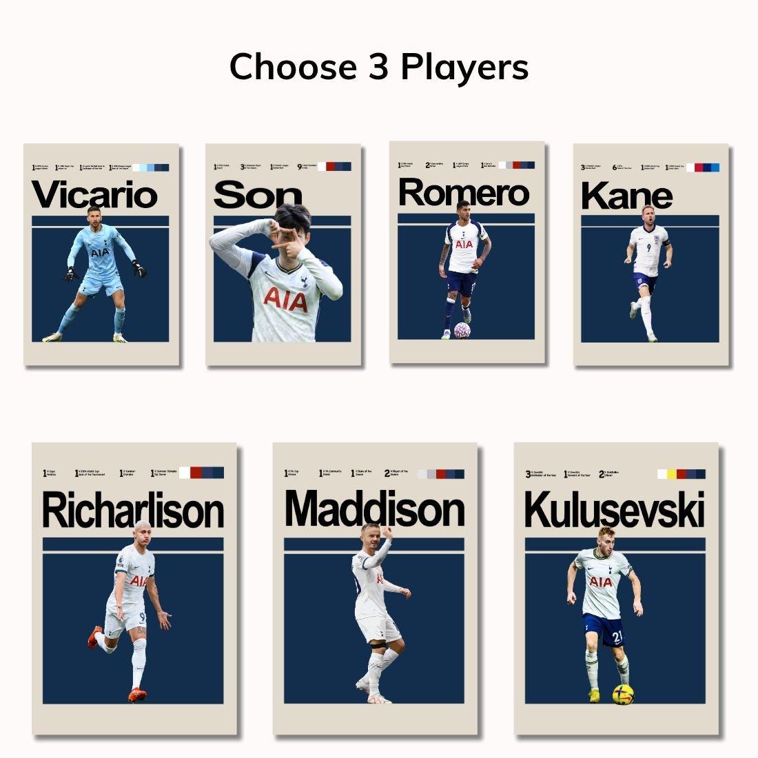 Set of 3 Tottenham Player Posters – Son, Maddison, Romero, Richarlison, Kulusevski, Vicario, Kane – Football Wall Art Gift