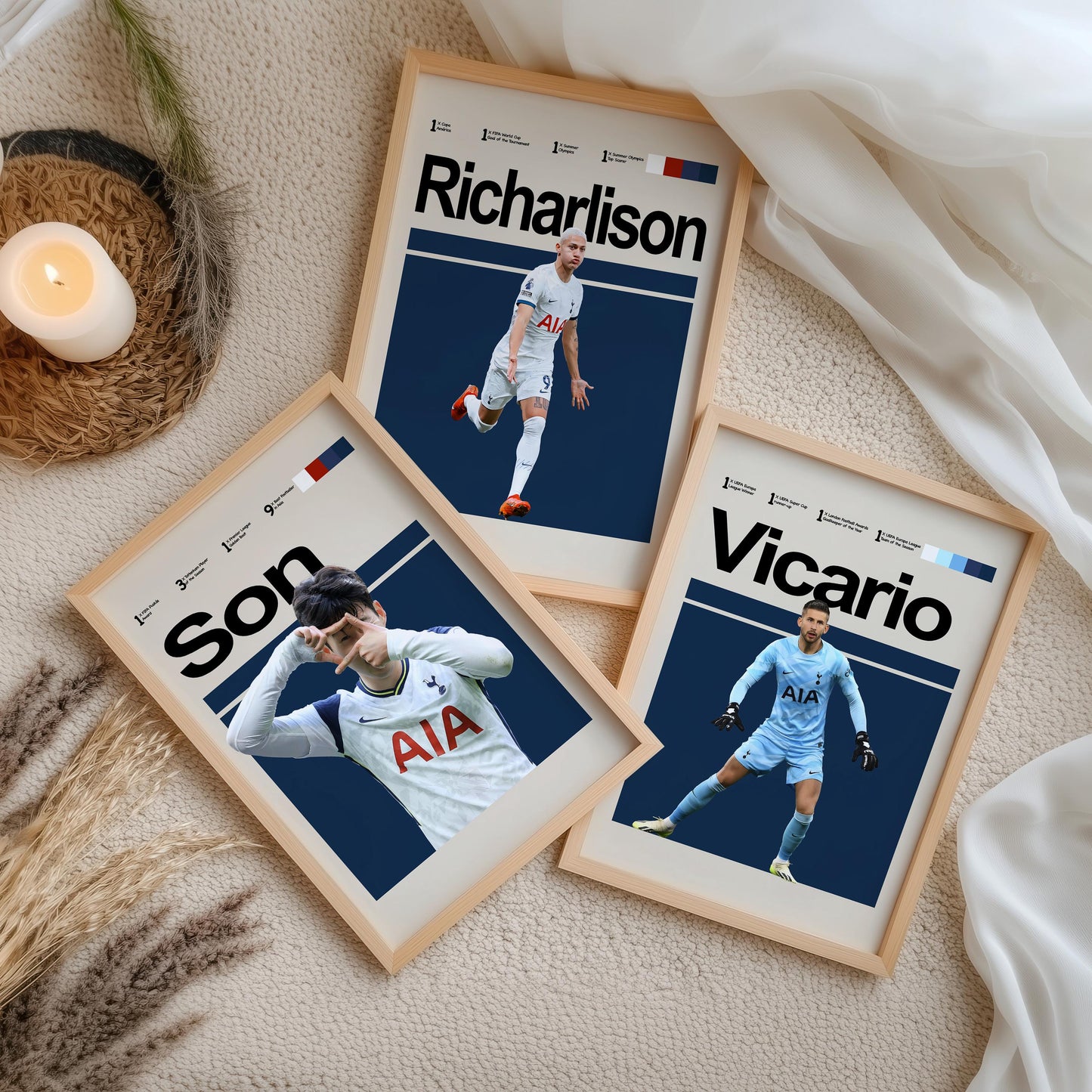 Set of 3 Tottenham Player Posters – Son, Maddison, Romero, Richarlison, Kulusevski, Vicario, Kane – Football Wall Art Gift