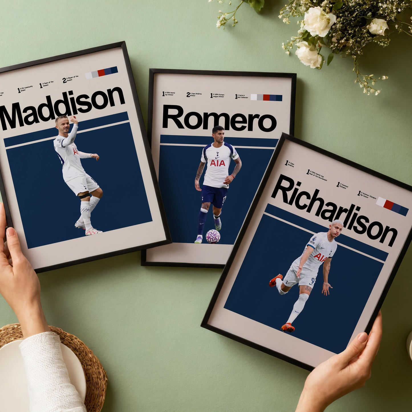 Set of 3 Tottenham Player Posters – Son, Maddison, Romero, Richarlison, Kulusevski, Vicario, Kane – Football Wall Art Gift
