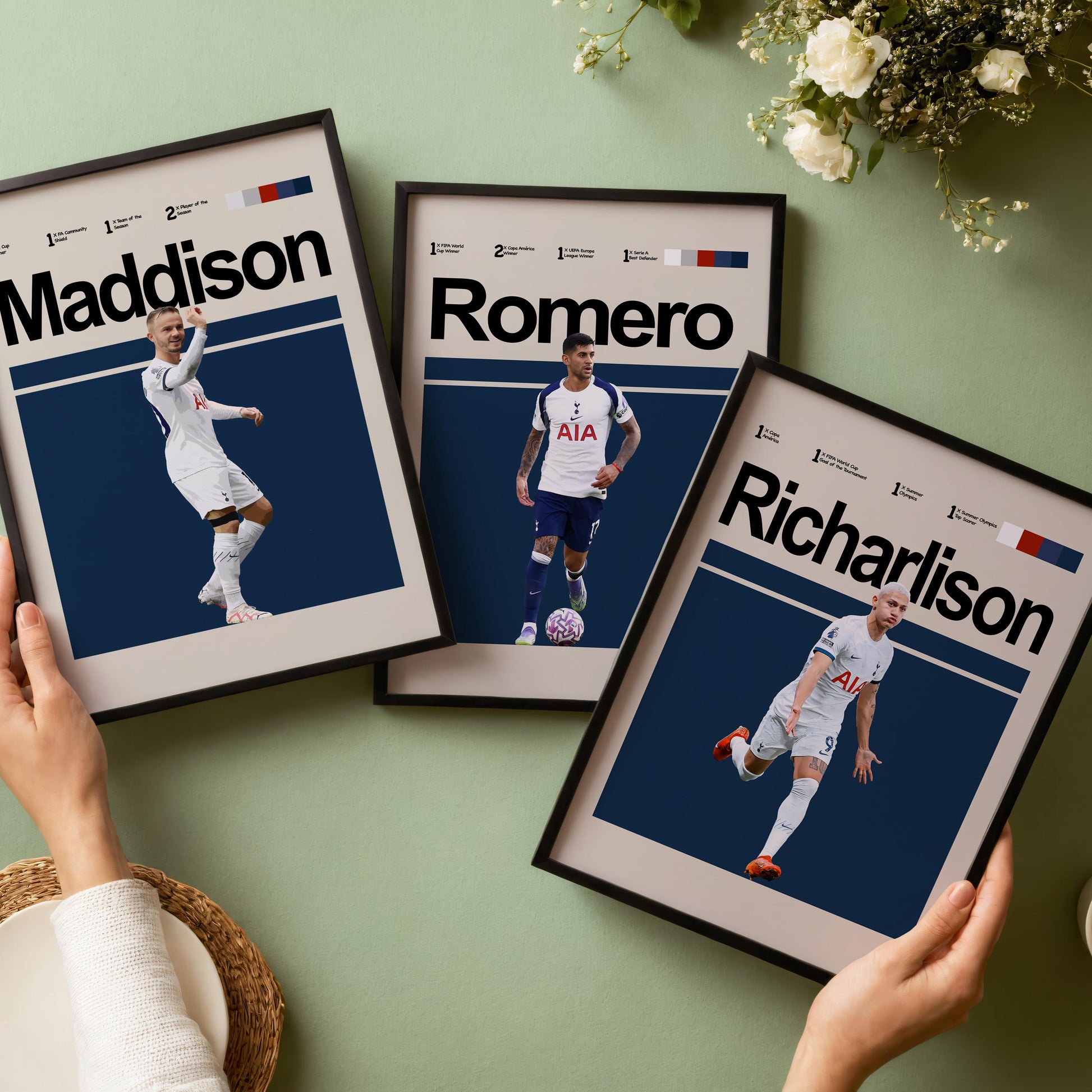 Set of 3 Tottenham Player Posters – Son, Maddison, Romero, Richarlison, Kulusevski, Vicario, Kane – Football Wall Art Gift