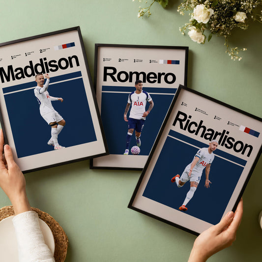 Set of 3 Tottenham Player Posters – Son, Maddison, Romero, Richarlison, Kulusevski, Vicario, Kane – Football Wall Art Gift