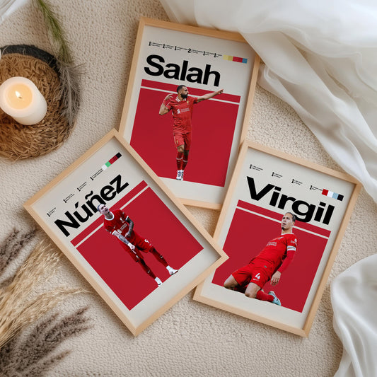 Liverpool Football Poster Set of 3 – Modern Player Wall Art Gift (Salah, Van Dijk, Núñez, Mac Allister, Trent, Alisson)