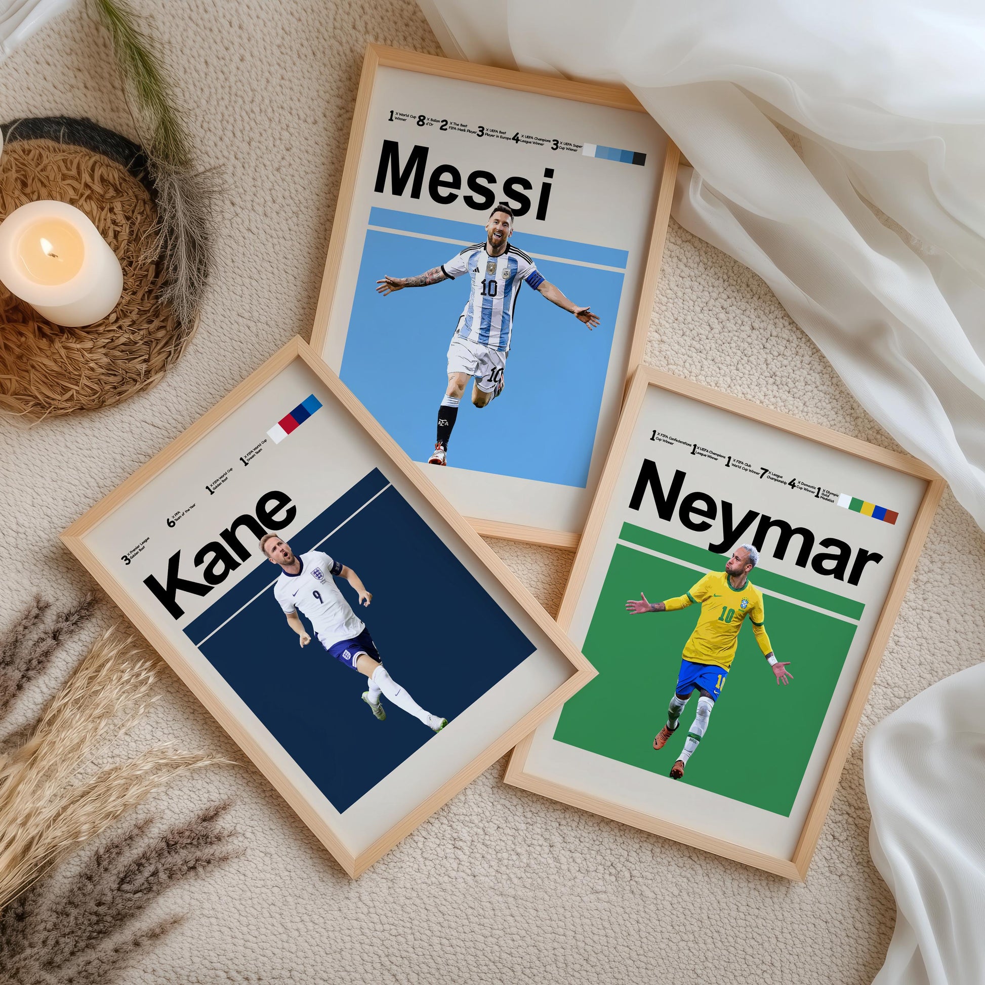 Set of 3 Football Legends Posters – Messi, Ronaldo, Neymar, Mbappé, Kane, Beckham, Rooney – Football Wall Art Gift
