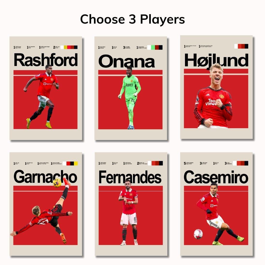 Set of 3 Manchester Football Player Posters – Rashford, Højlund, Garnacho, Fernandes, Casemiro, Onana – Football Wall Art Gift