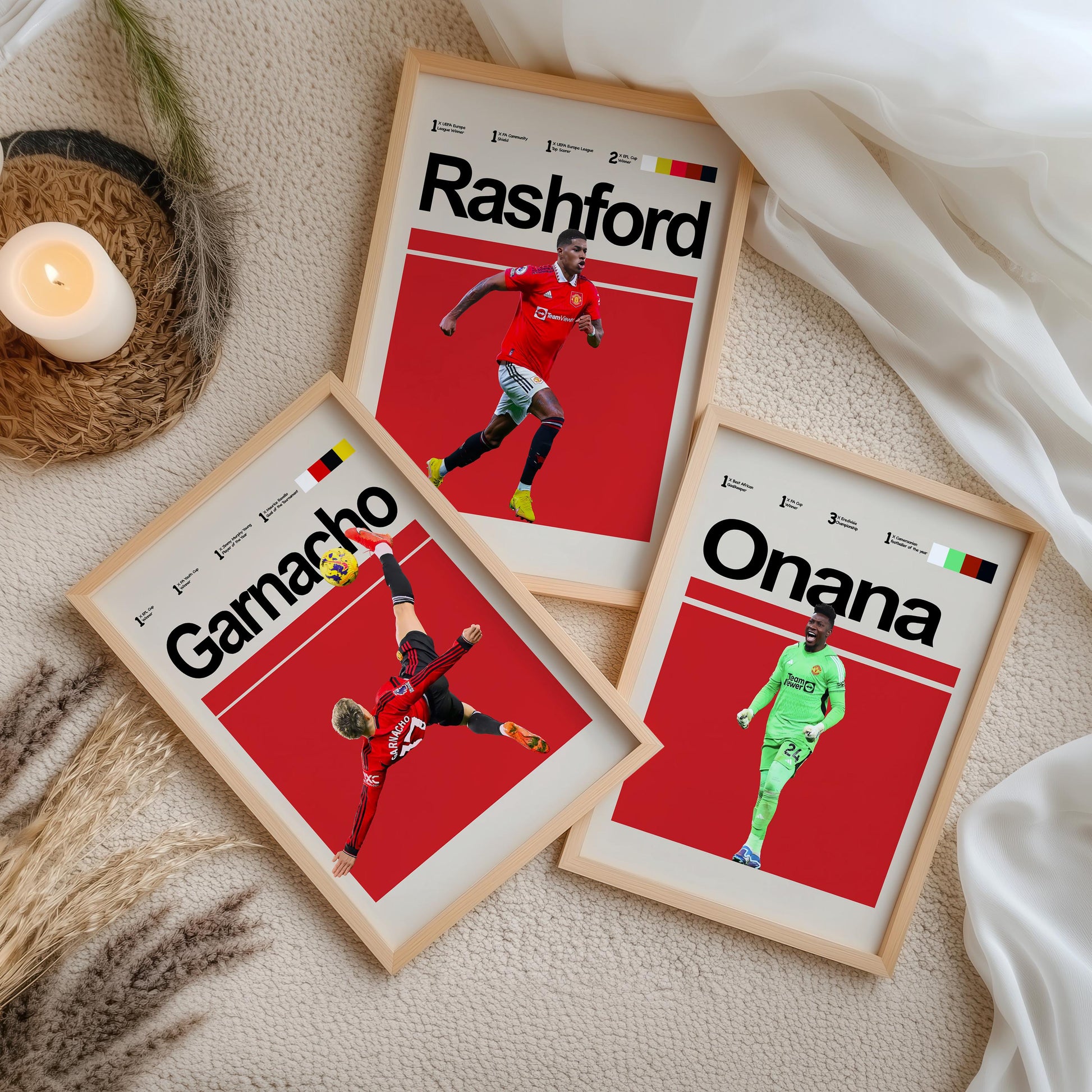 Set of 3 Manchester Football Player Posters – Rashford, Højlund, Garnacho, Fernandes, Casemiro, Onana – Football Wall Art Gift