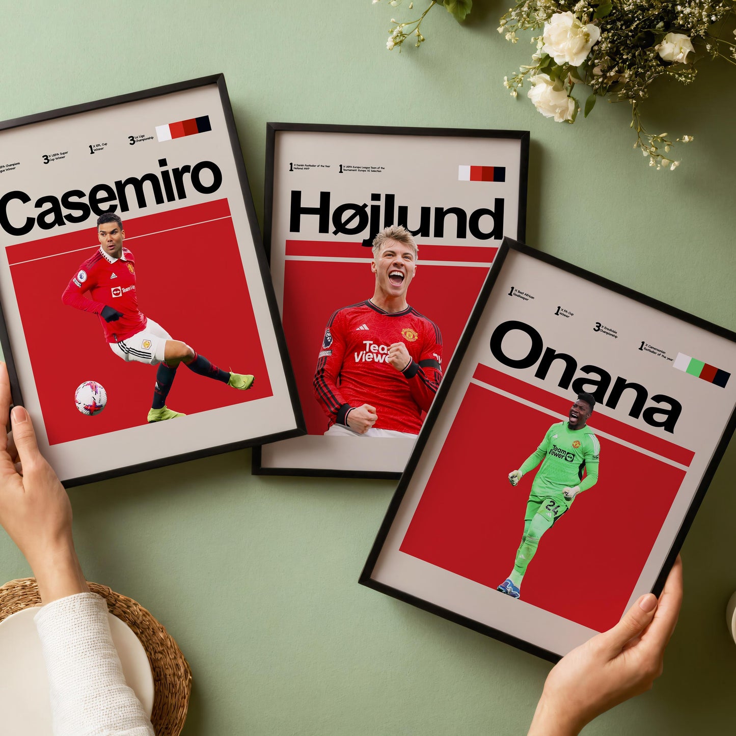 Set of 3 Manchester Football Player Posters – Rashford, Højlund, Garnacho, Fernandes, Casemiro, Onana – Football Wall Art Gift