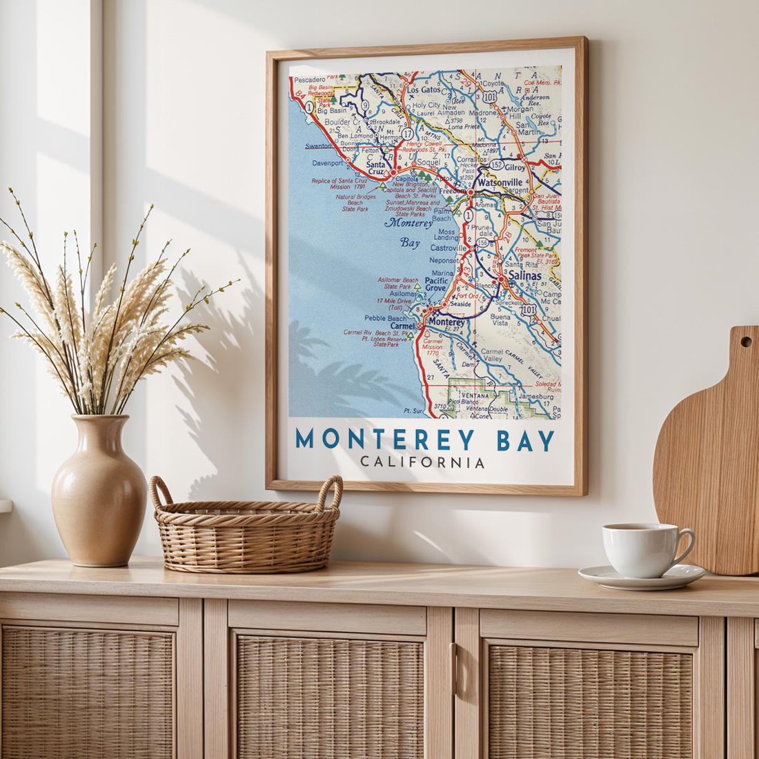 Monterey Bay Vintage Map Print, California Coastal Travel Poster (Digital Download)