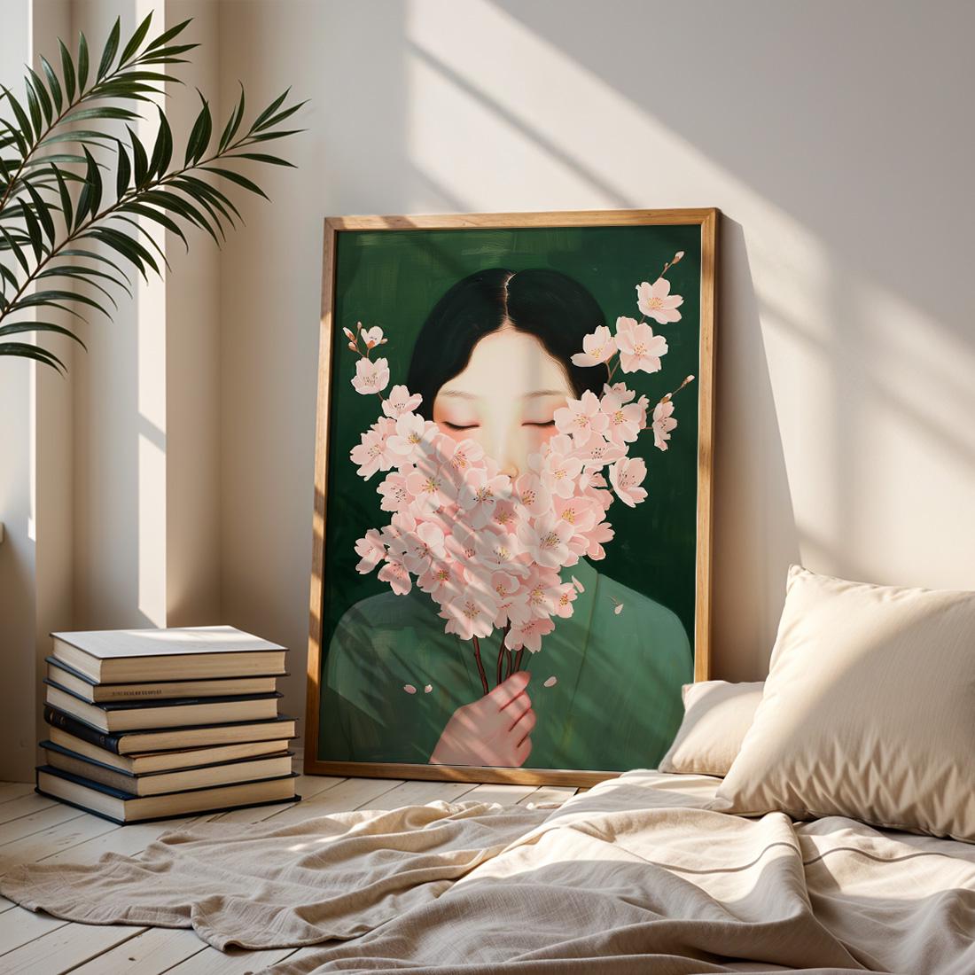 Japanese Wall Art Print, Woman With Cherry Blossom Flowers, Gallery Painting Style (Digital Download)