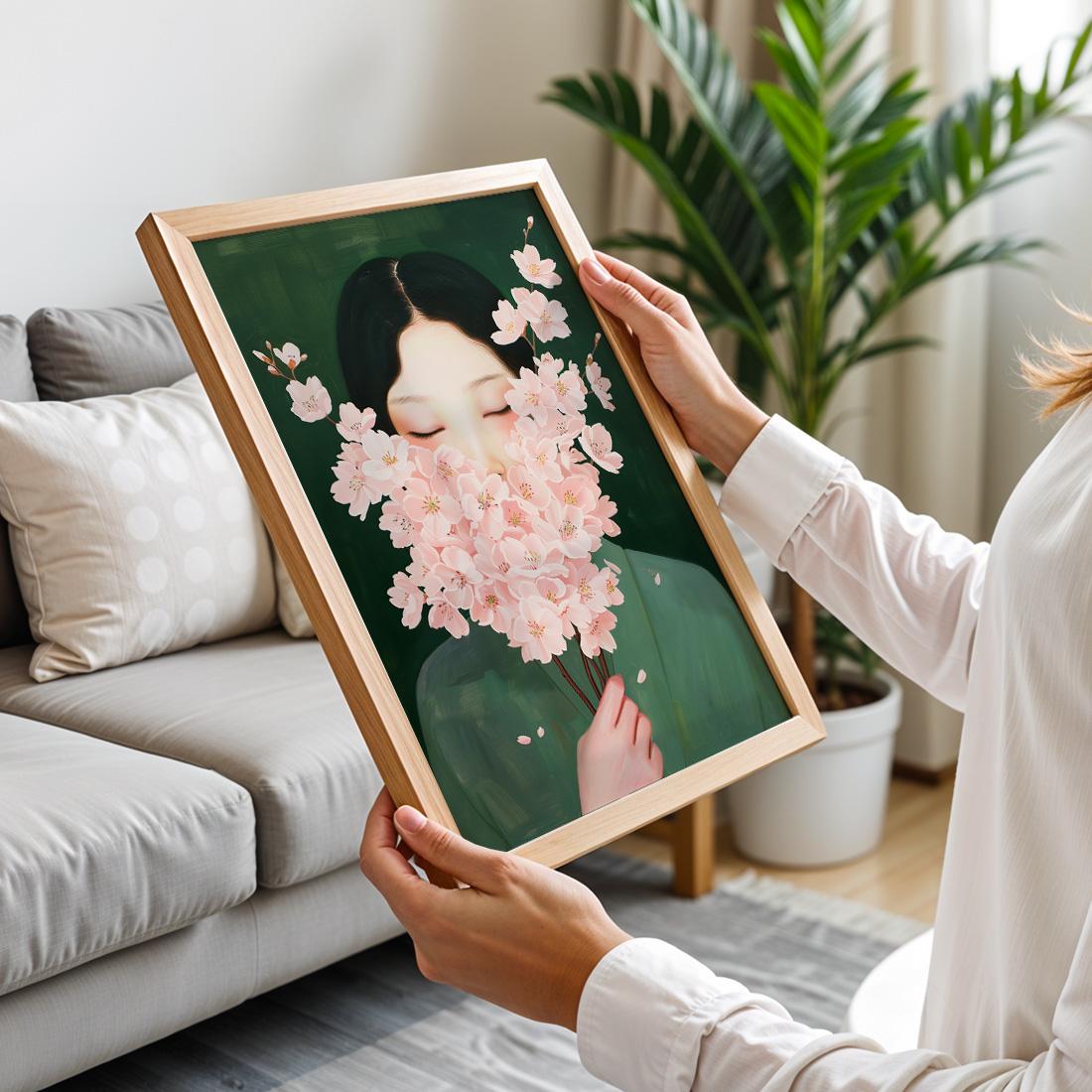 Japanese Wall Art Print, Woman With Cherry Blossom Flowers, Gallery Painting Style (Digital Download)
