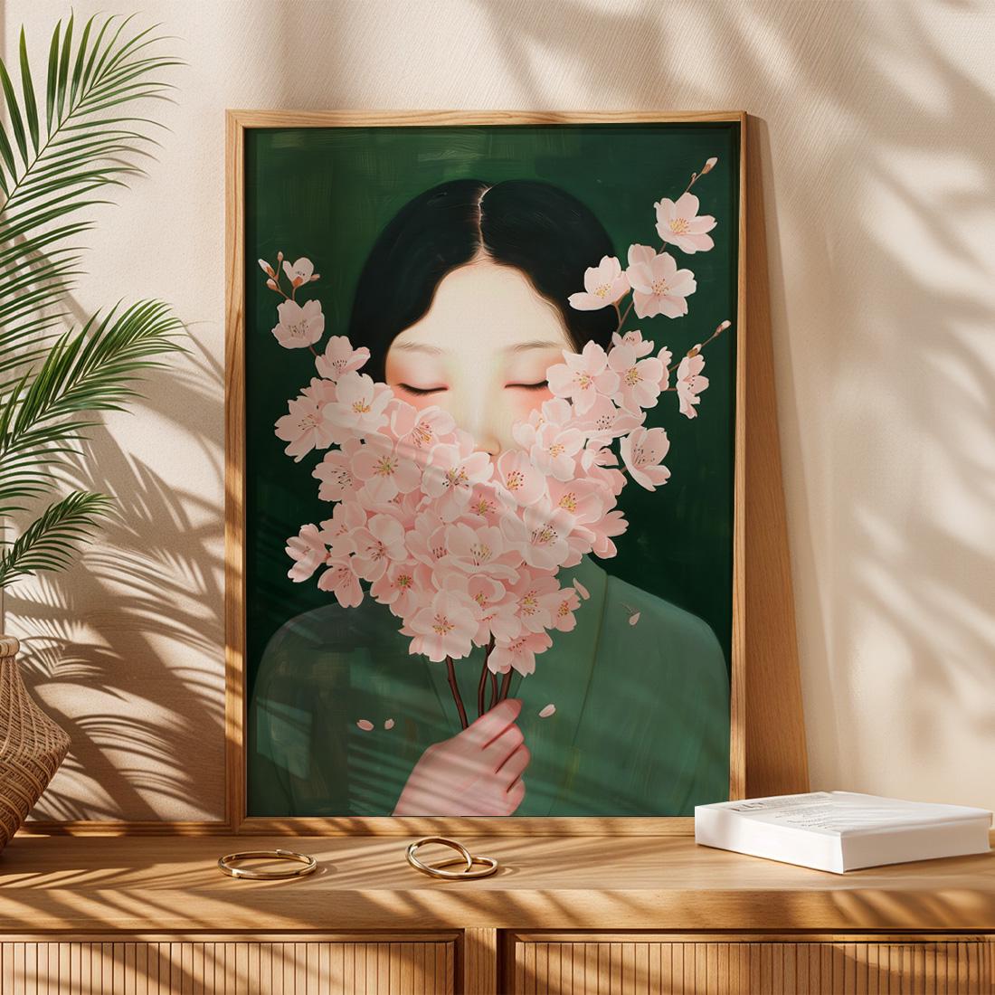 Japanese Wall Art Print, Woman With Cherry Blossom Flowers, Gallery Painting Style (Digital Download)