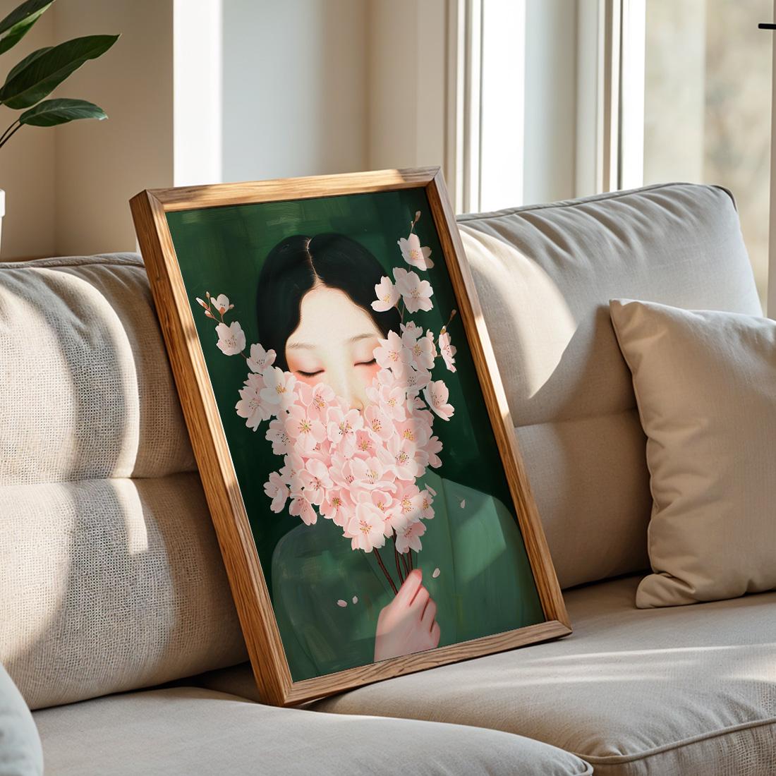 Japanese Wall Art Print, Woman With Cherry Blossom Flowers, Gallery Painting Style (Digital Download)