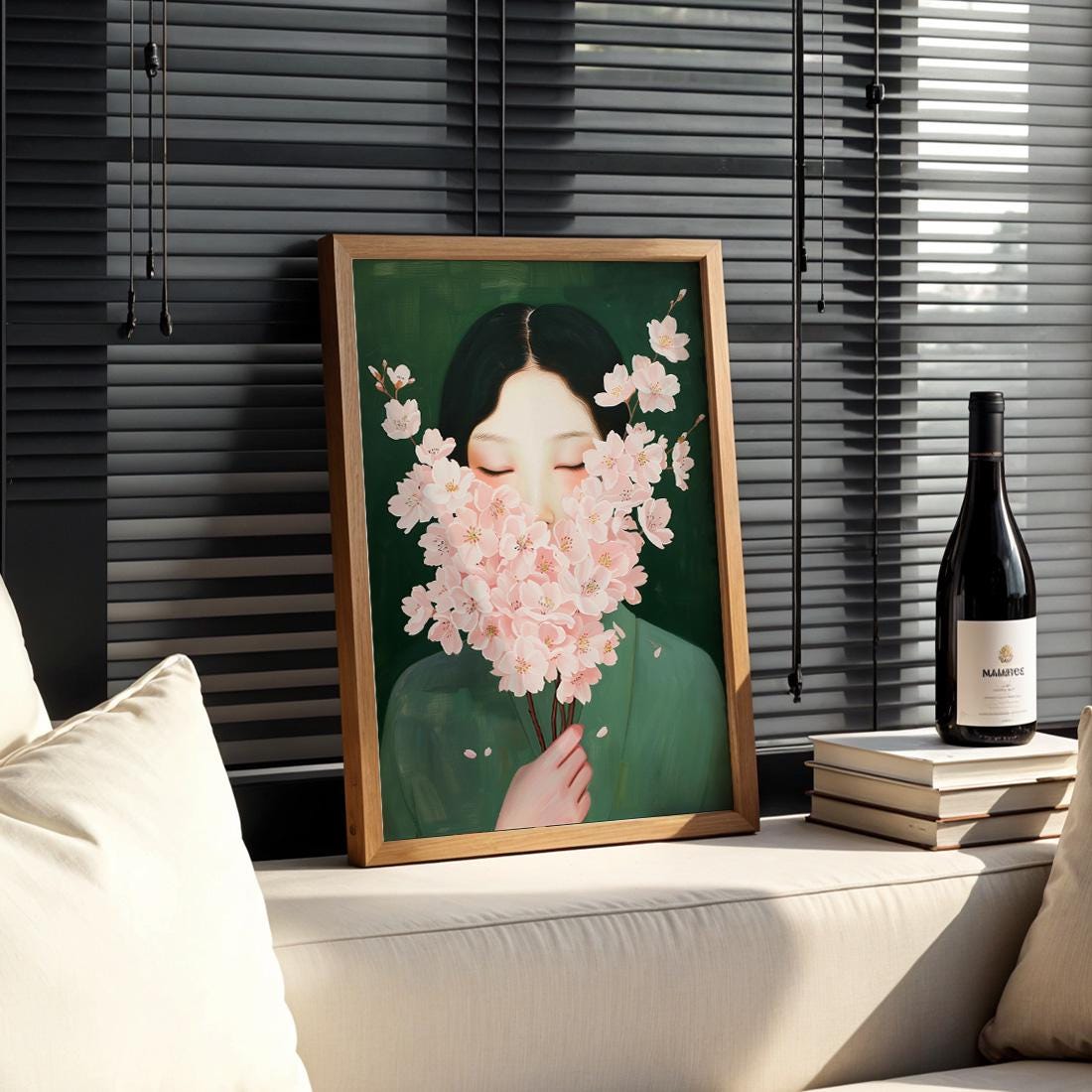 Japanese Wall Art Print, Woman With Cherry Blossom Flowers, Gallery Painting Style (Digital Download)