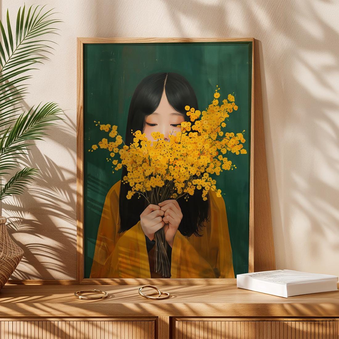 Mimosa Flower Japanese Wall Art Print, Woman Portrait Botanical Poster (Digital Download)