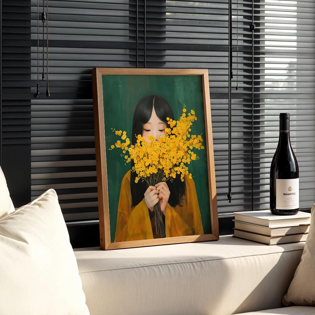 Mimosa Flower Japanese Wall Art Print, Woman Portrait Botanical Poster (Digital Download)