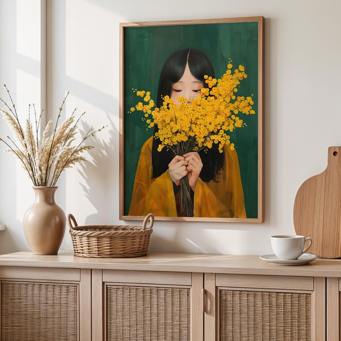 Mimosa Flower Japanese Wall Art Print, Woman Portrait Botanical Poster (Digital Download)