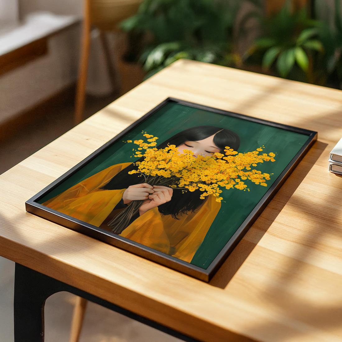 Mimosa Flower Japanese Wall Art Print, Woman Portrait Botanical Poster (Digital Download)