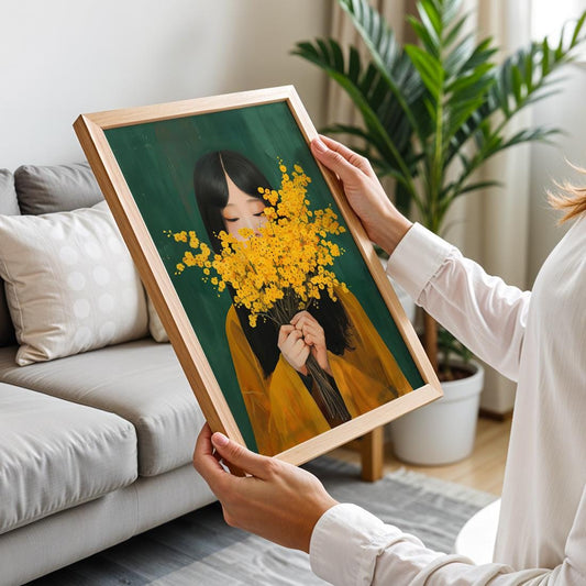 Mimosa Flower Japanese Wall Art Print, Woman Portrait Botanical Poster (Digital Download)