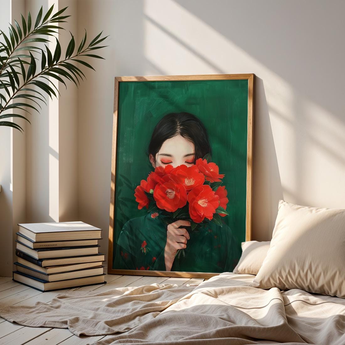 Japanese Red Camellia Flower Portrait Print, Minimalist Botanical Wall Art (Digital Download)
