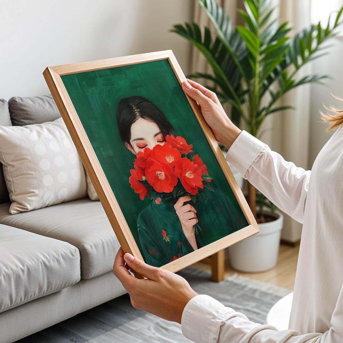 Japanese Red Camellia Flower Portrait Print, Minimalist Botanical Wall Art (Digital Download)