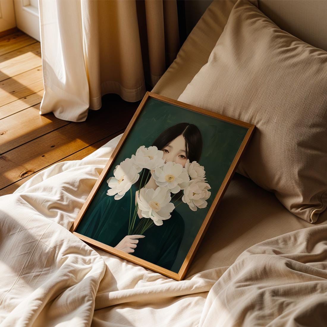Japanese White Anemone Flower Woman Print, Minimalist Botanical Wall Art (Digital Download)