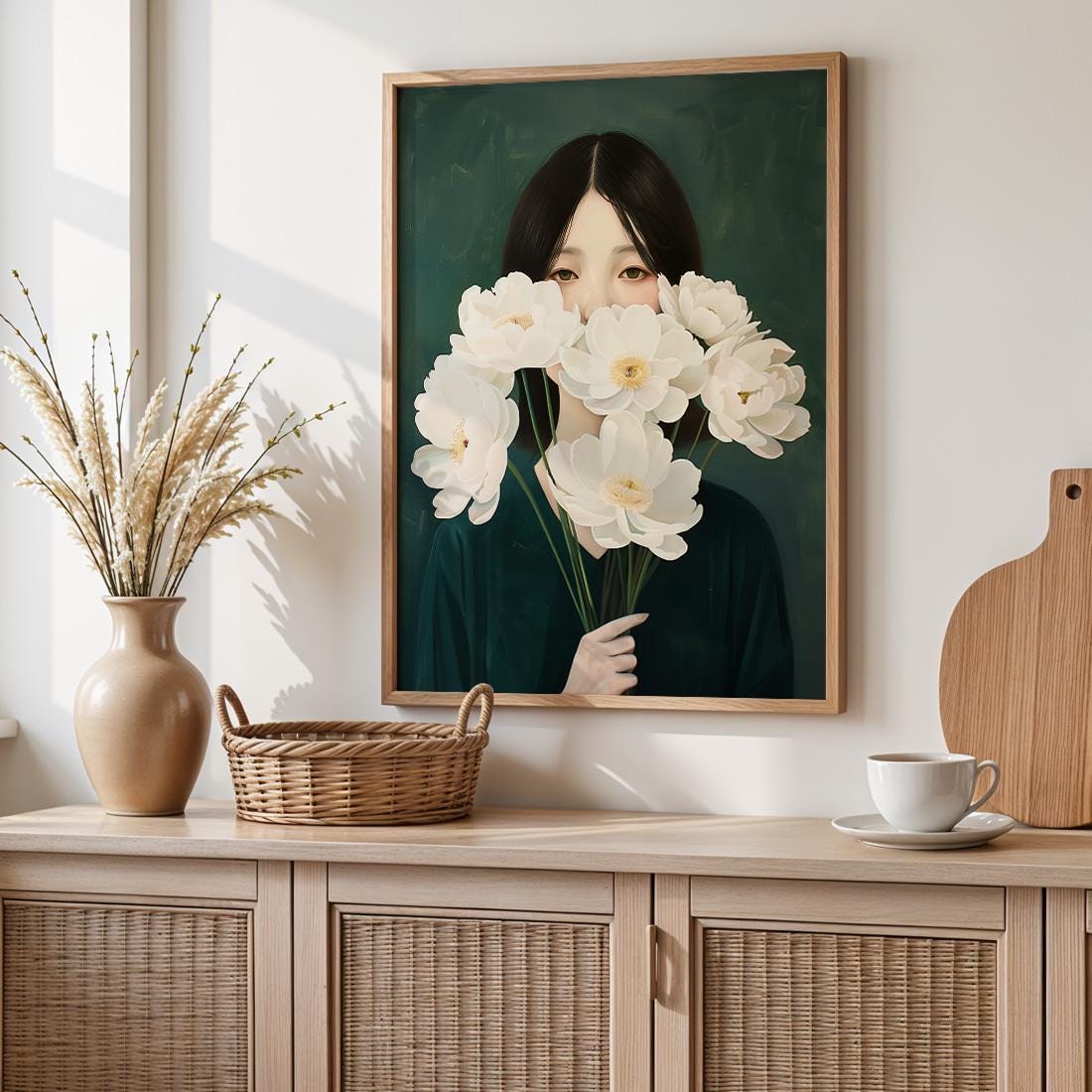 Japanese White Anemone Flower Woman Print, Minimalist Botanical Wall Art (Digital Download)