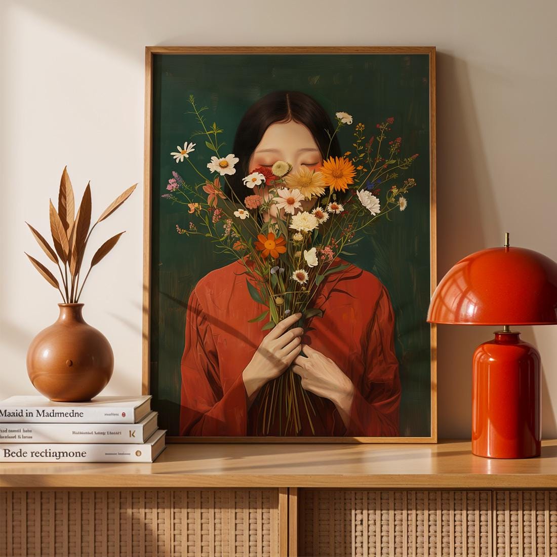 Japanese Wildflower Wall Art Print, Minimalist Botanical Woman Portrait Poster (Digital Download)