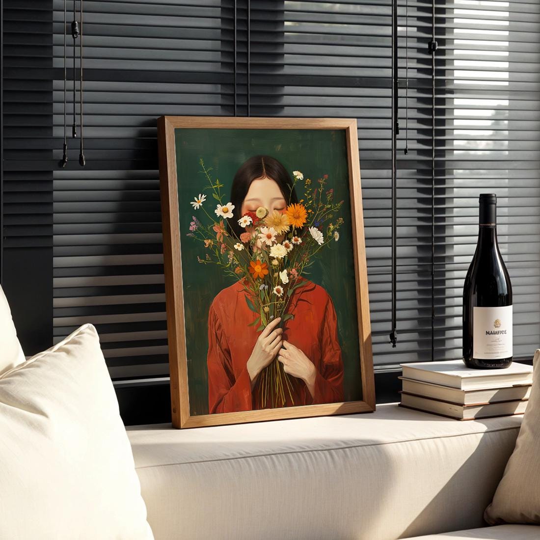 Japanese Wildflower Wall Art Print, Minimalist Botanical Woman Portrait Poster (Digital Download)