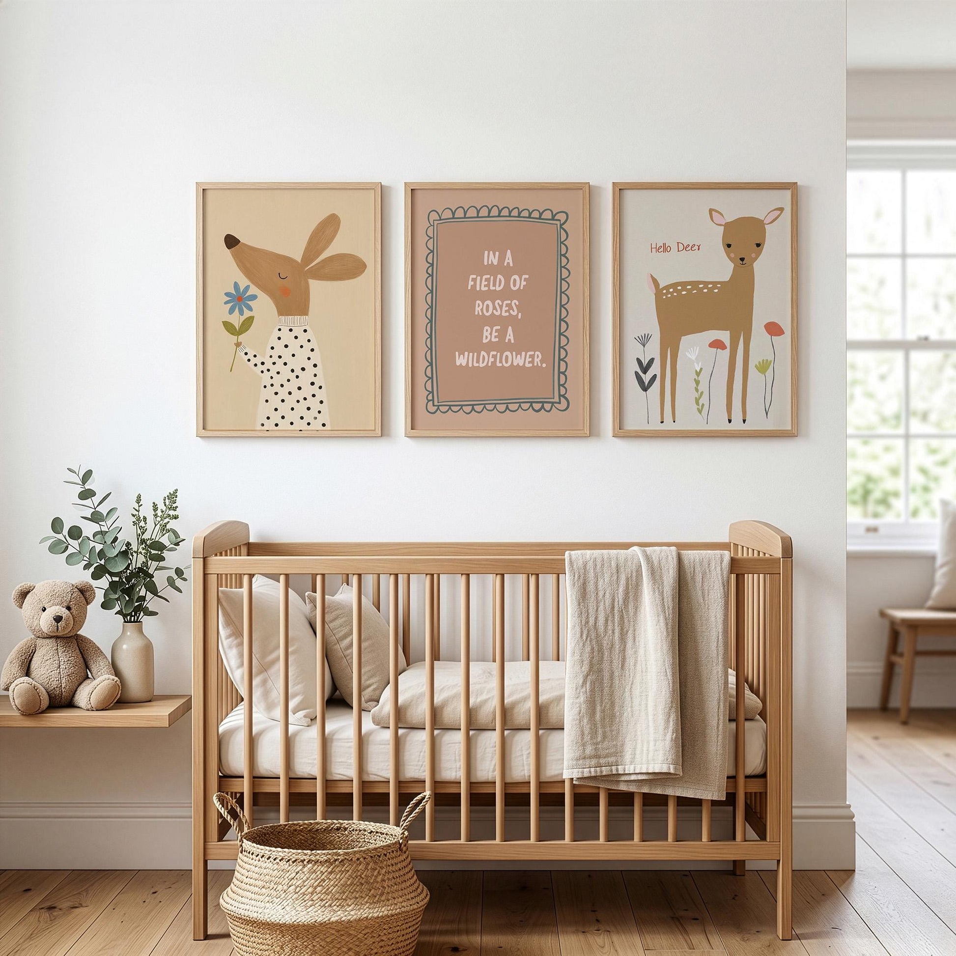 Wildflower Nursery Wall Art Set of 3, Woodland Baby Room Prints, Neutral Nursery Decor