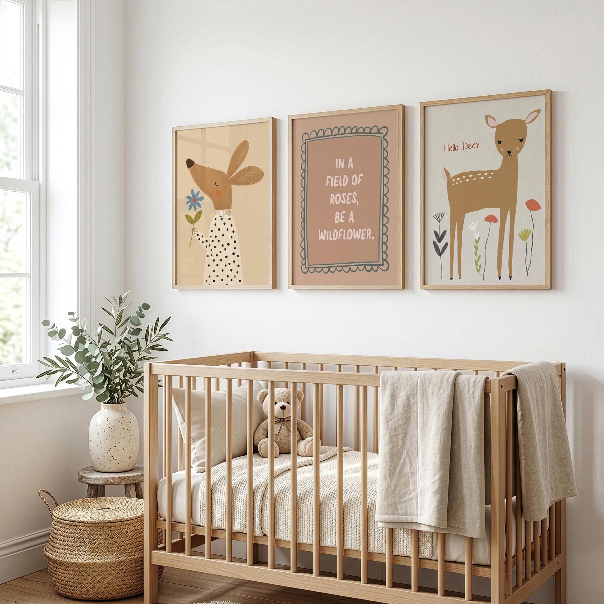 Wildflower Nursery Wall Art Set of 3, Woodland Baby Room Prints, Neutral Nursery Decor