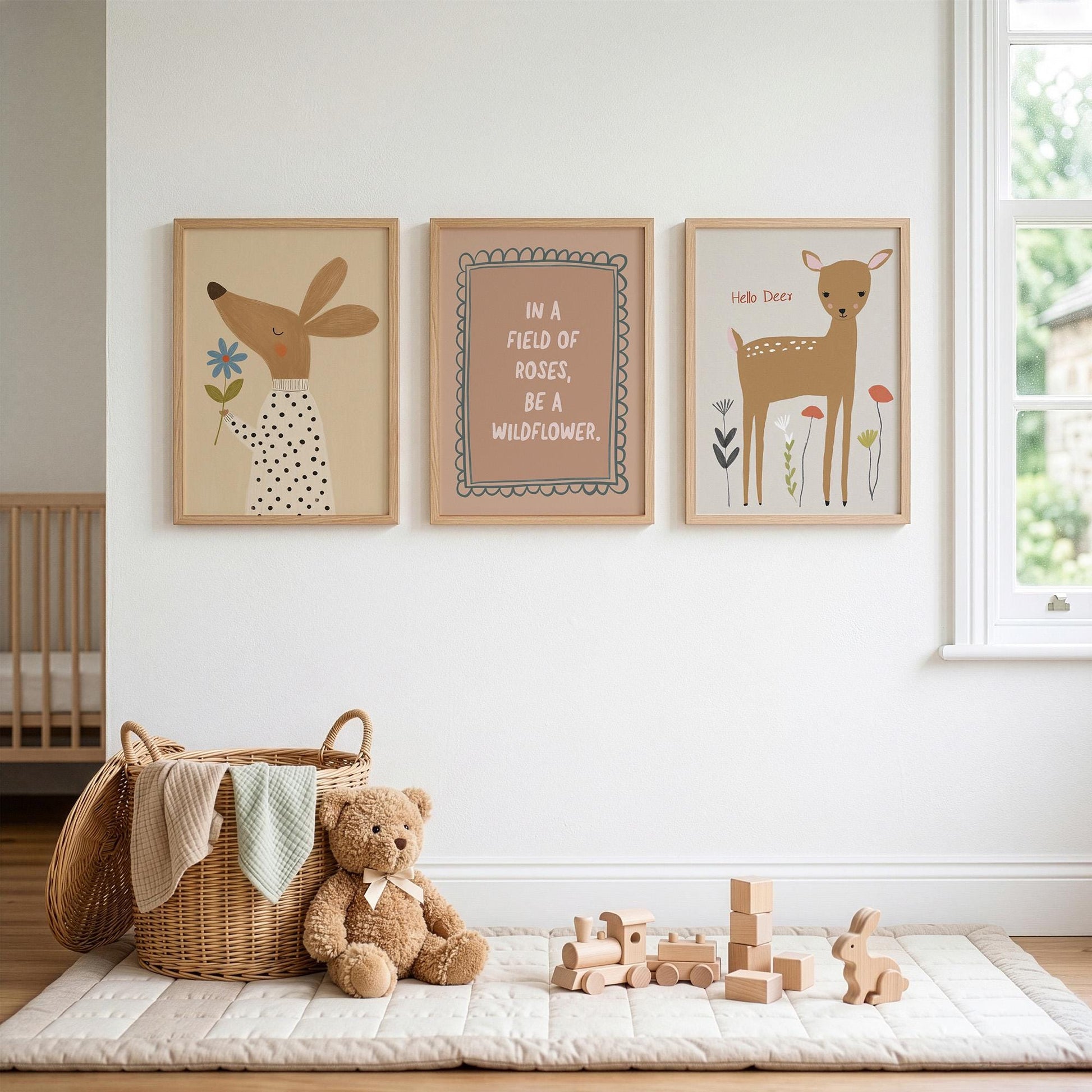 Wildflower Nursery Wall Art Set of 3, Woodland Baby Room Prints, Neutral Nursery Decor