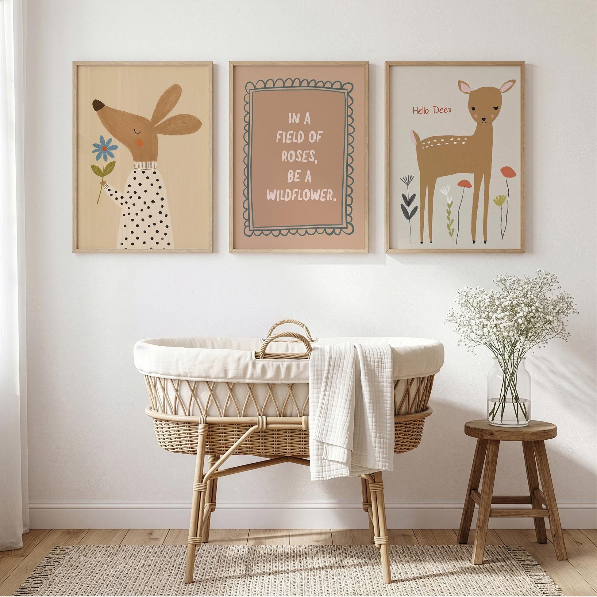 Wildflower Nursery Wall Art Set of 3, Woodland Baby Room Prints, Neutral Nursery Decor