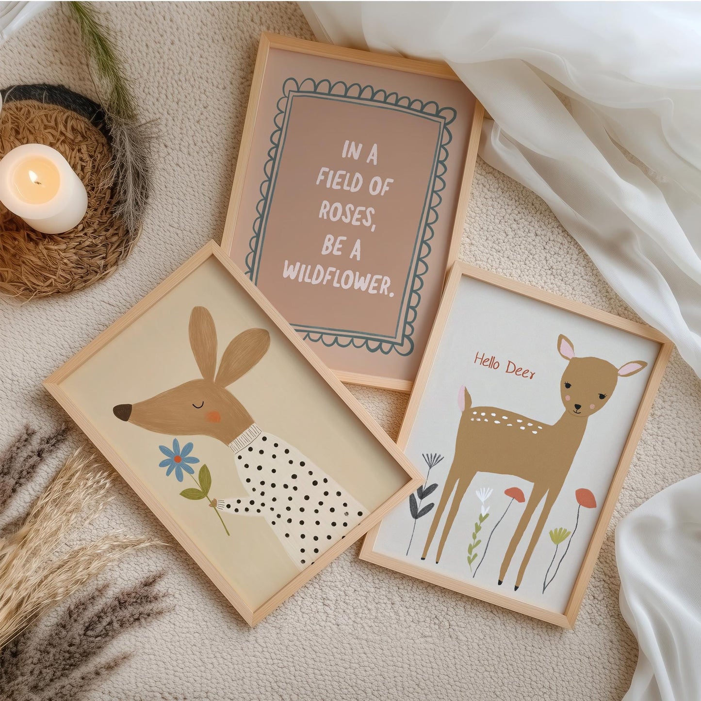 Wildflower Nursery Wall Art Set of 3, Woodland Baby Room Prints, Neutral Nursery Decor
