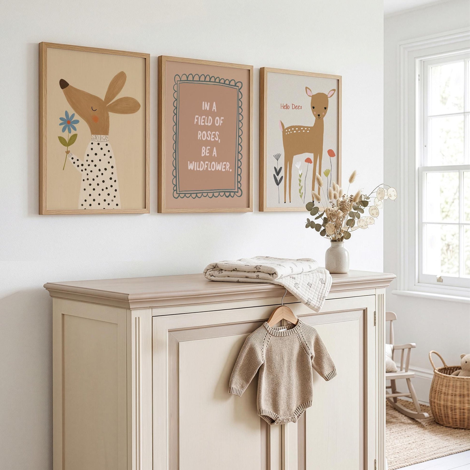 Wildflower Nursery Wall Art Set of 3, Woodland Baby Room Prints, Neutral Nursery Decor