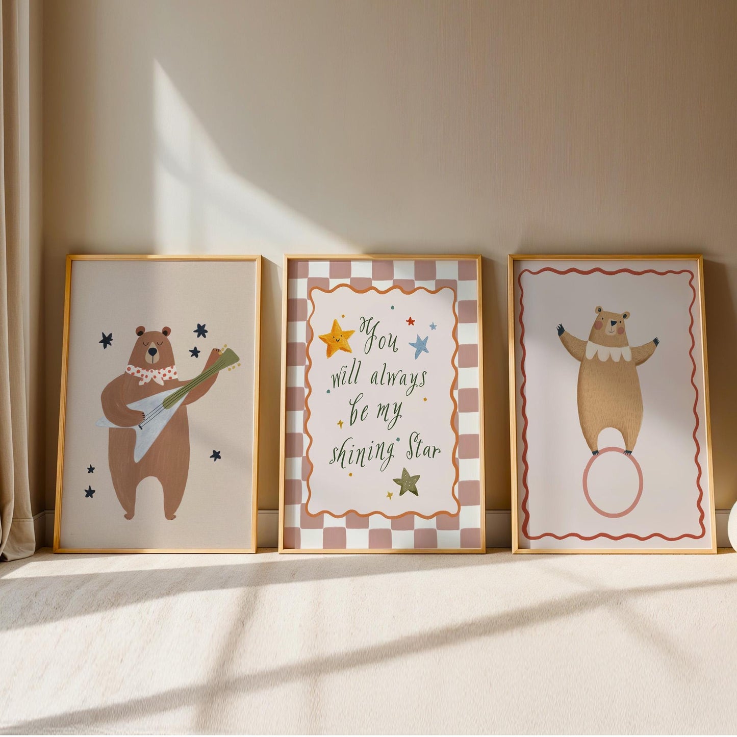 Bear Nursery Wall Art Set of 3, Baby Room Prints, Gender Neutral Nursery Decor