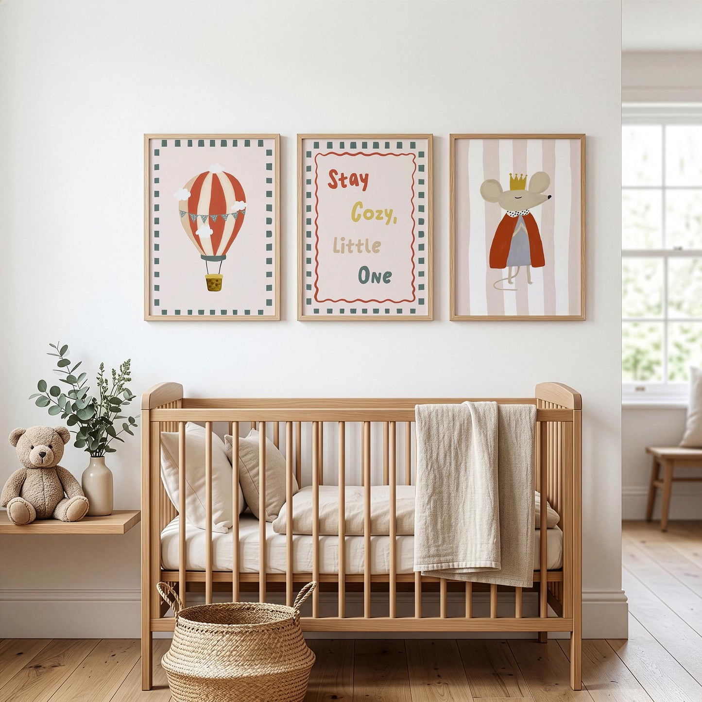 Stay Cosy Nursery Wall Art Set of 3, Hot Air Balloon & Mouse Prints, Neutral Nursery Decor