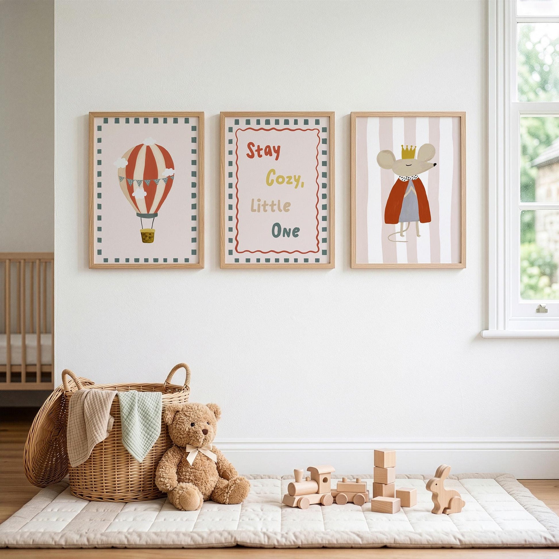 Stay Cosy Nursery Wall Art Set of 3, Hot Air Balloon & Mouse Prints, Neutral Nursery Decor
