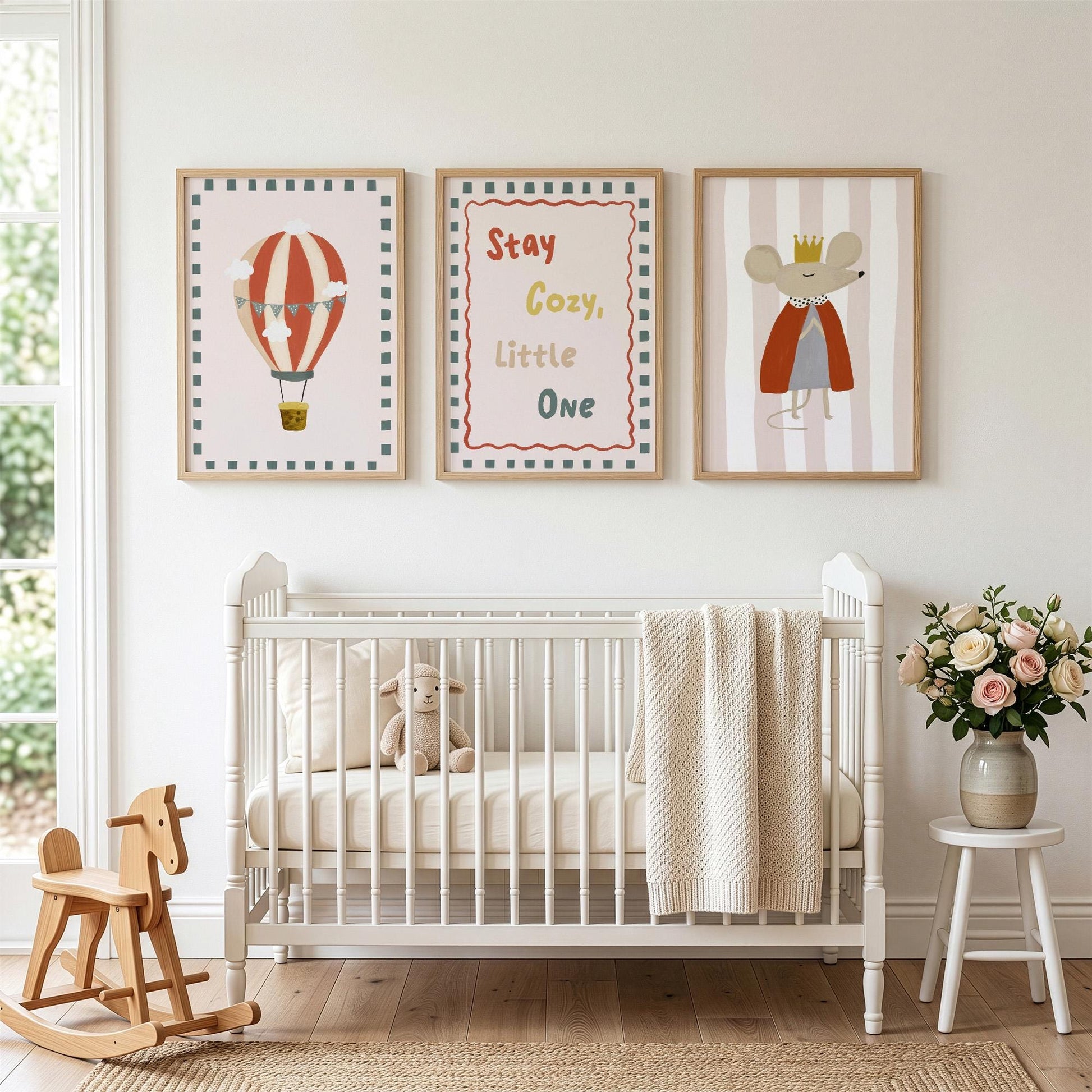 Stay Cosy Nursery Wall Art Set of 3, Hot Air Balloon & Mouse Prints, Neutral Nursery Decor