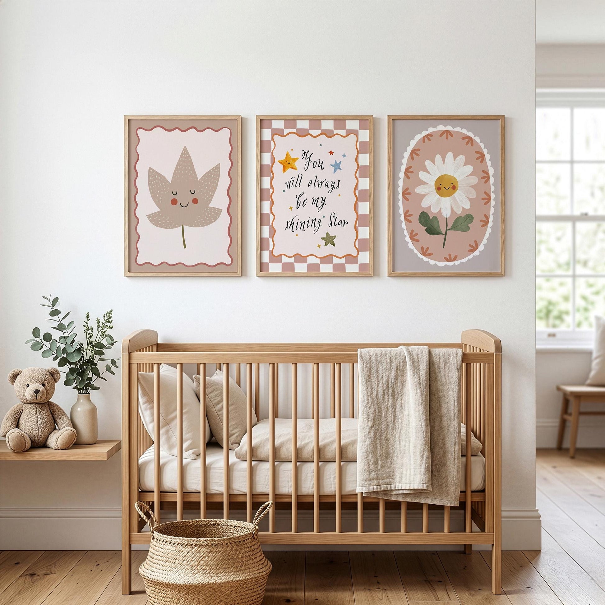 Shining Star Nursery Wall Art Set of 3, Daisy Flower Baby Room Print, Neutral Nursery Decor