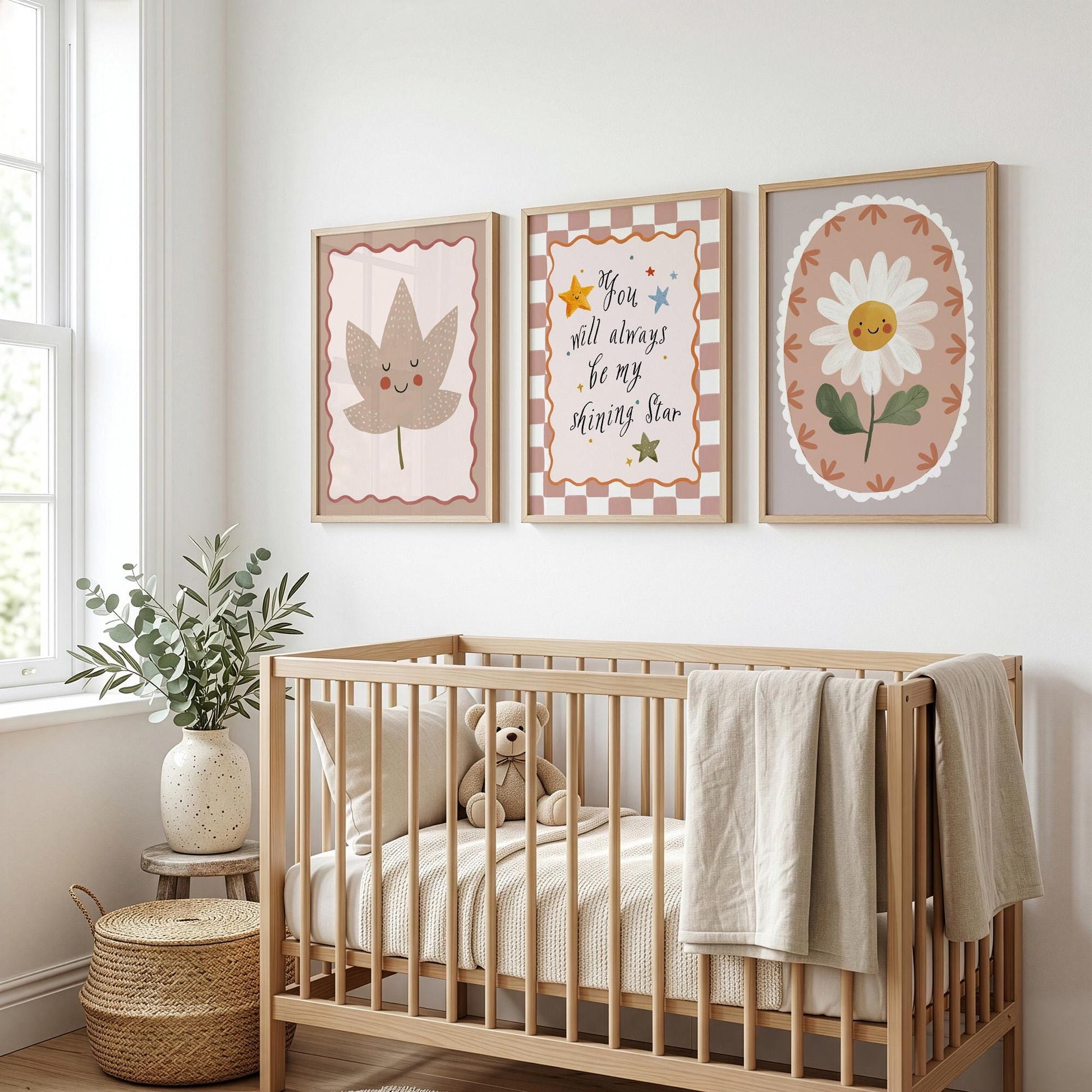 Shining Star Nursery Wall Art Set of 3, Daisy Flower Baby Room Print, Neutral Nursery Decor