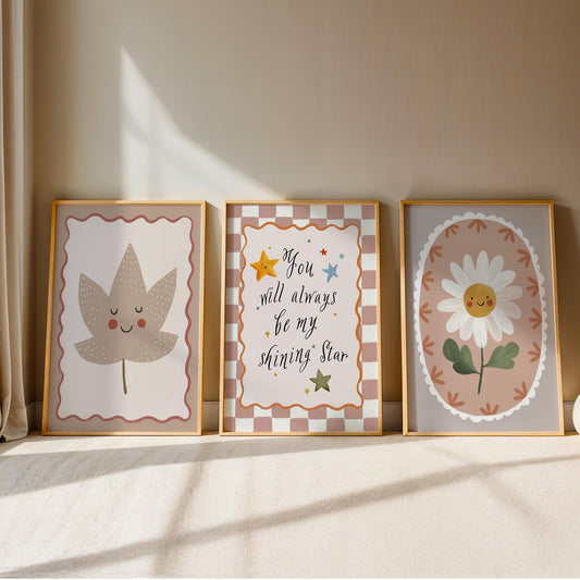 Shining Star Nursery Wall Art Set of 3, Daisy Flower Baby Room Print, Neutral Nursery Decor
