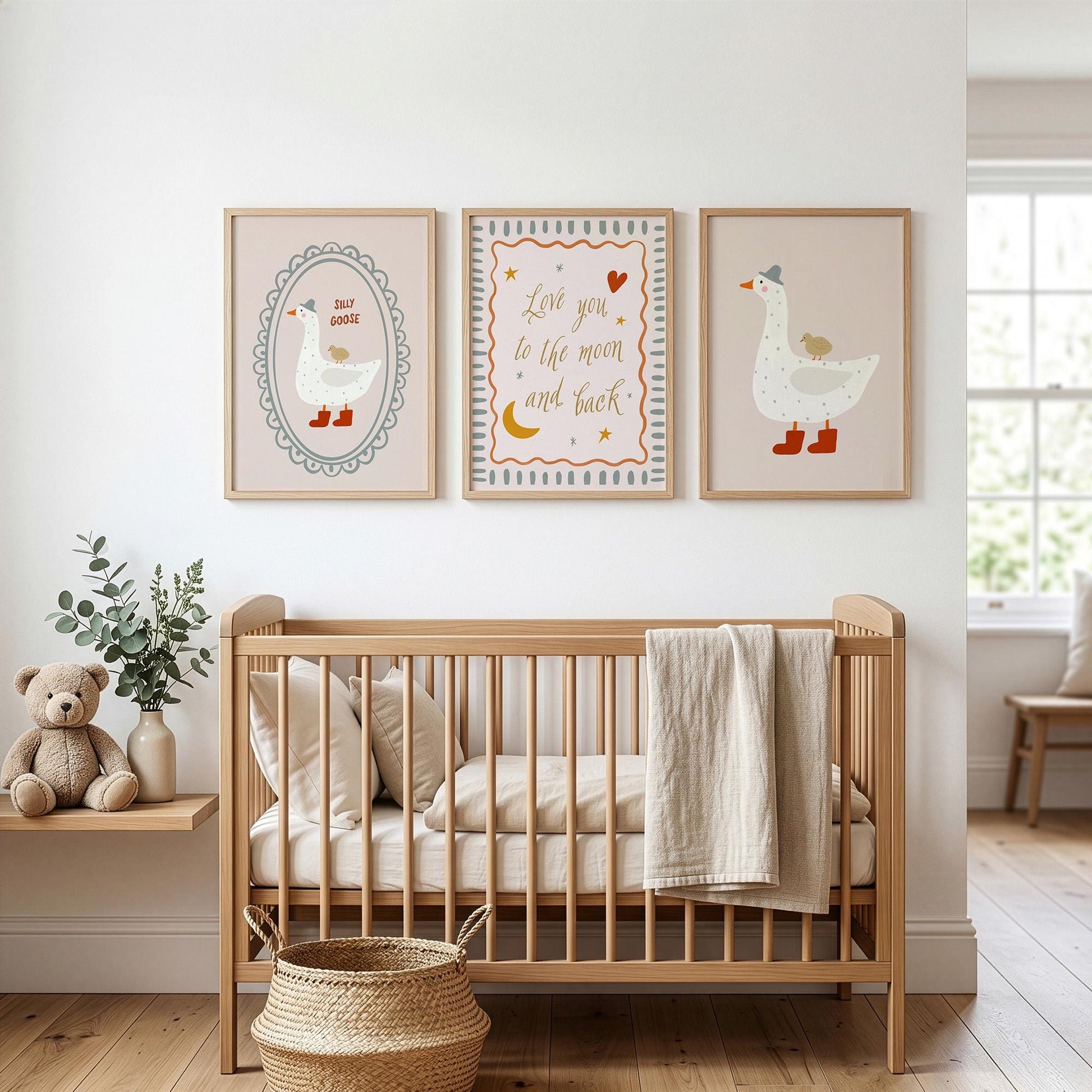 Silly Goose Nursery Wall Art Set of 3, Love You to the Moon and Back Baby Room Prints, Neutral Nursery Decor